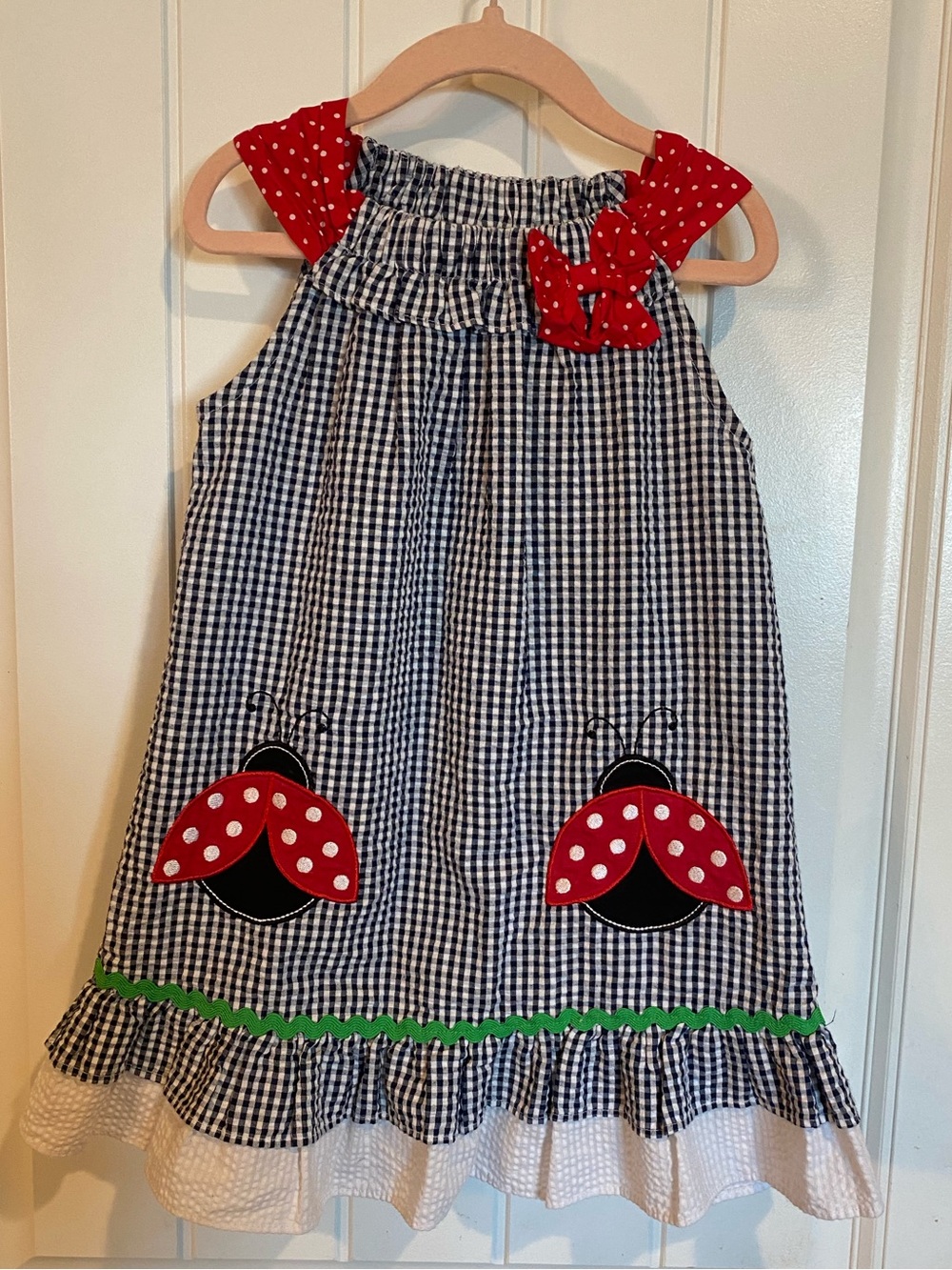 Navy Gingham Seersucker Ladybug Dress